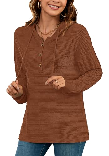 AUSELILY Kapuzenpullover für Damen Hoodie Langarm Oversize Henley Einfarbig Drawstring Pullover mit Kapuze Karamell L von AUSELILY