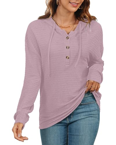 AUSELILY Kapuzenpullover für Damen Hoodie Langarm Oversize Henley Einfarbig Drawstring Pullover mit Kapuze Rosa L von AUSELILY