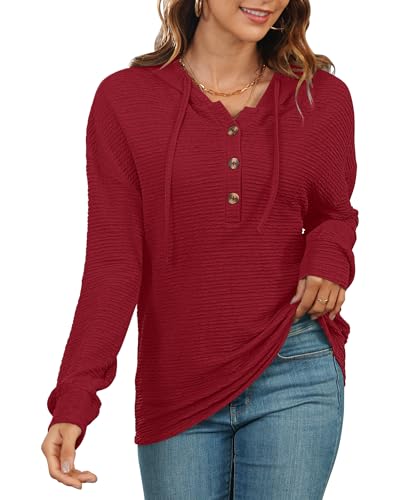 AUSELILY Kapuzenpullover für Damen Hoodie Langarm Oversize Henley Einfarbig Drawstring Pullover mit Kapuze Rot 2XL von AUSELILY