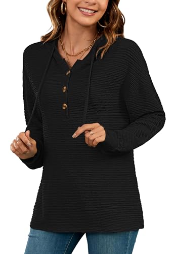 AUSELILY Kapuzenpullover für Damen Hoodie Langarm Oversize Henley Einfarbig Drawstring Pullover mit Kapuze Schwarz XL von AUSELILY
