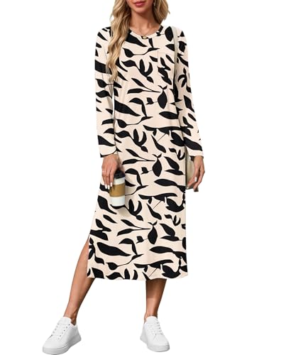 AUSELILY Kleid Langarm Damen - Freizeitkleider Seitenschlitz Elegant Maxi Dress - Herbst Winterkleid Aprikose schwarzen Blättern S von AUSELILY