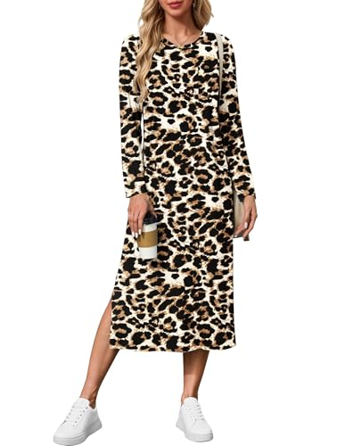 AUSELILY Kleid Langarm Damen - Freizeitkleider Seitenschlitz Elegant Maxi Dress - Herbst Winterkleid Gepunkteter Leopardenprint M von AUSELILY