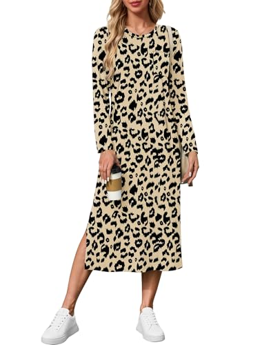 AUSELILY Kleid Langarm Damen - Freizeitkleider Seitenschlitz Elegant Maxi Dress - Herbst Winterkleid Leopardenprint S von AUSELILY