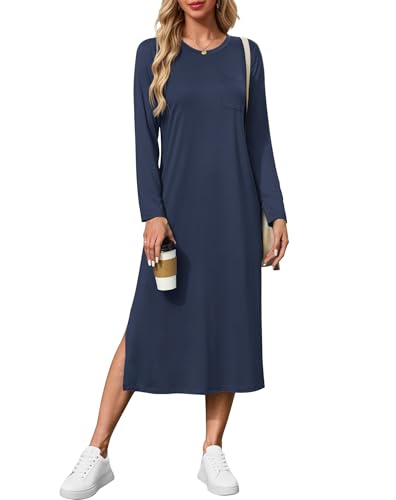 AUSELILY Kleid Langarm Damen - Freizeitkleider Seitenschlitz Elegant Maxi Dress - Herbst Winterkleid Marineblau XL von AUSELILY