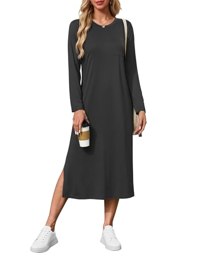AUSELILY Kleid Langarm Damen - Freizeitkleider Seitenschlitz Elegant Maxi Dress - Herbst Winterkleid Schwarz L von AUSELILY