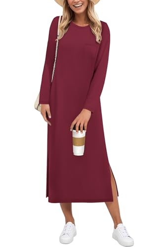 AUSELILY Kleid Langarm Damen - Freizeitkleider Seitenschlitz Elegant Maxi Dress - Herbst Winterkleid Weinrot 2XL von AUSELILY