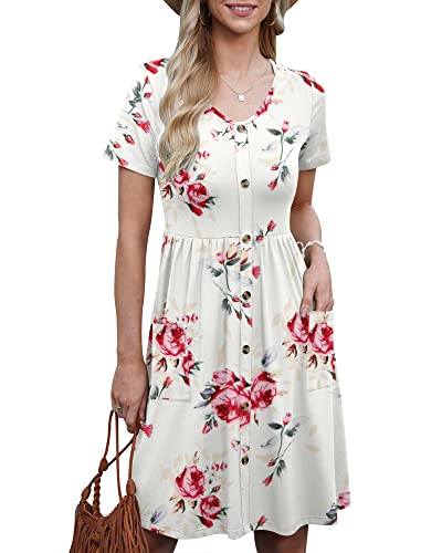 AUSELILY Kleider für Damen Rundhalsausschnitt Kurzarm A Line Kleider Casual Loose Swing Sommerkleid mit Taschen Rose Weiß 2XL von AUSELILY