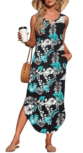 AUSELILY Kleider Damen Sommer 2024 Strandkleider Lang Maxi Ärmellos Schlitz A-Linie Freizeitkleid Mit Taschen Blaugrüne Blume S von AUSELILY