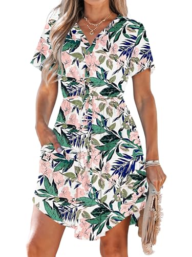 AUSELILY Kleider Damen Sommer Kleider mit V-Ausschnitt Knielang Elegant und Kordelzug Leicht und Luftig mit Taschen Rosagrüne Blüten XL von AUSELILY