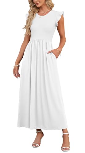 AUSELILY Kleider Damen Sommer Kurzarm Rundhalsausschnitt Lang Abendkleider mit Taschen Elegant für Hochzeit Weiß S von AUSELILY