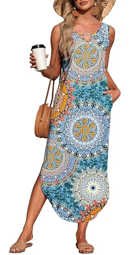 AUSELILY Kleider Damen Sommer Strandkleider Lang Maxi Ärmellos Schlitz A-Linie Freizeitkleid Mit Taschen Grün Drucken XL von AUSELILY