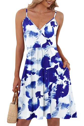 AUSELILY Kleider Damen Sommer V-Ausschnitt Leicht Und Luftig Ärmellos Sexy Strandkleid Träger Strand Trägerkleid mit Taschen（Blau Blume Weiß,M von AUSELILY