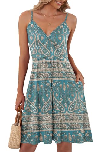 AUSELILY Kleider Damen Sommer V-Ausschnitt Leicht Und Luftig Ärmellos Sexy Strandkleid Träger Strand Trägerkleid mit Taschen（Boho Floral Grün,M von AUSELILY