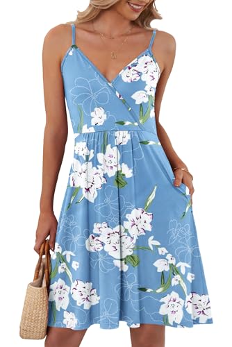 AUSELILY Kleider Damen Sommer V-Ausschnitt Leicht Und Luftig Ärmellos Sexy Strandkleid Träger Strand Trägerkleid mit Taschen（Hellblaue Blume,M von AUSELILY