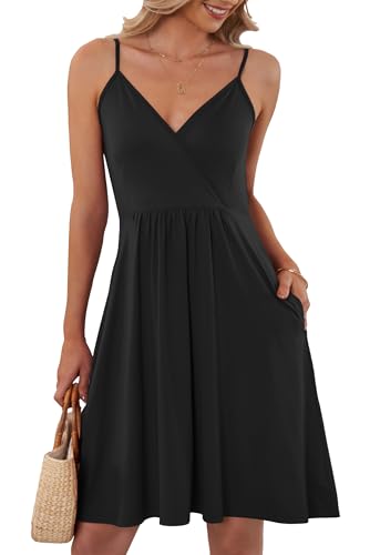 AUSELILY Kleider Damen Sommer V-Ausschnitt Leicht Und Luftig Ärmellos Sexy Strandkleid Träger Strand Trägerkleid mit Taschen（Schwarz,M von AUSELILY