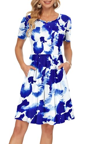 AUSELILY Kleider Damen Sommerkleid A Linie Freizeitkleid Kurzarm Plissee Loose Swing Knielang mit Taschen Blau Weiße Blumen 2XL von AUSELILY