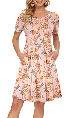 AUSELILY Kleider Damen Sommerkleid A Linie Freizeitkleid Kurzarm Plissee Loose Swing Knielang mit Taschen Rosa Tulpe 2XL von AUSELILY