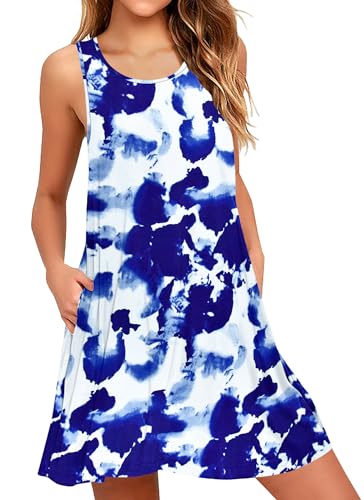 AUSELILY Kleider Damen Sommerkleid Rundhals A Linie Freizeitkleid ärmellose Loose Knielang mit Taschen Blau Weiße Blumen 2XL von AUSELILY