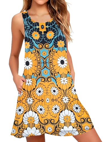 AUSELILY Kleider Damen Sommerkleid Rundhals A Linie Freizeitkleid ärmellose Loose Knielang mit Taschen Gelbe Sonnenblume L von AUSELILY