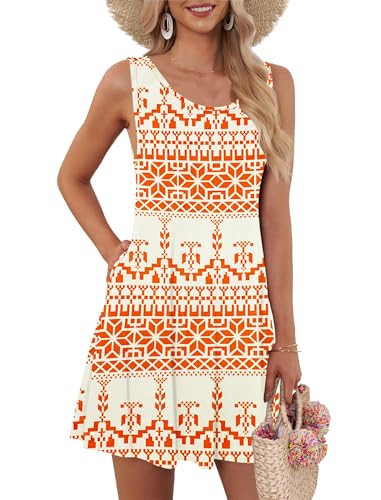 AUSELILY Kleider Damen Sommerkleid Rundhals A Linie Freizeitkleid ärmellose Loose Knielang mit Taschen Orange Geometrische Blume 2XL von AUSELILY