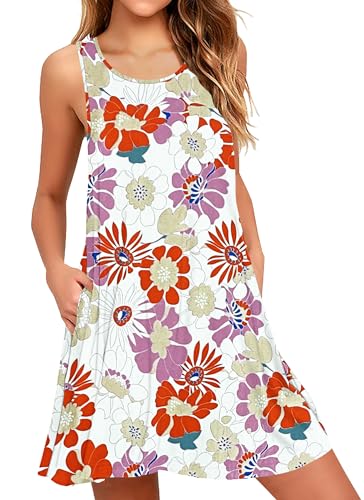 AUSELILY Kleider Damen Sommerkleid Rundhals A Linie Freizeitkleid ärmellose Loose Knielang mit Taschen Orange rosa Blumen 2XL von AUSELILY