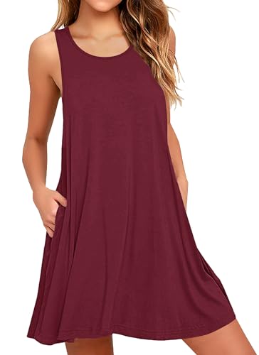 AUSELILY Kleider Damen Sommerkleid Rundhals A Linie Freizeitkleid ärmellose Loose Knielang mit Taschen Weinrot L von AUSELILY