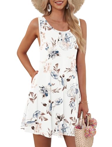 AUSELILY Kleider Damen Sommerkleid Rundhals A Linie Freizeitkleid ärmellose Loose Knielang mit Taschen Weiße Blumen 2XL von AUSELILY