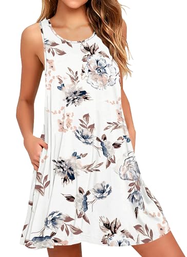 AUSELILY Kleider Damen Sommerkleid Rundhals A Linie Freizeitkleid ärmellose Loose Knielang mit Taschen Weiße Blumen M von AUSELILY