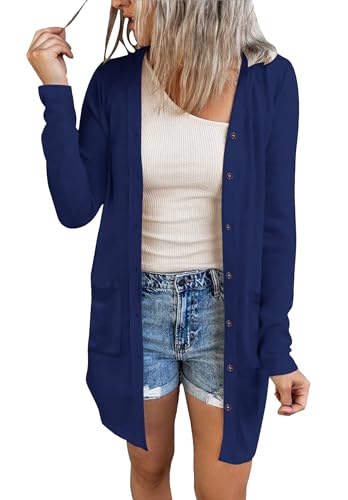 AUSELILY Langarm Strickjacke für Damen Mittellange Casual Leichte Cardigan Herbst Strickmantel mit Taschen Marineblau L von AUSELILY