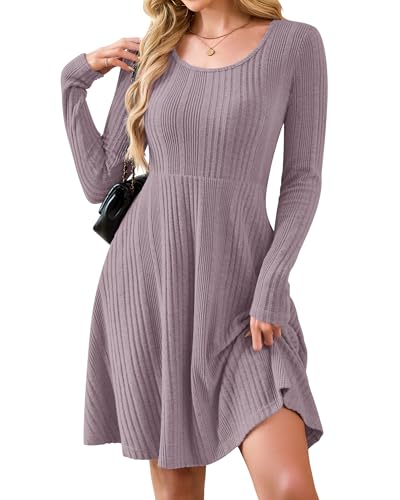 AUSELILY Langarm Strickkleid Damen Rundhalsausschnitt Pullover Kleid Gestrickt Herbstkleid Damen mit Taschen Grau Rosa XXL von AUSELILY