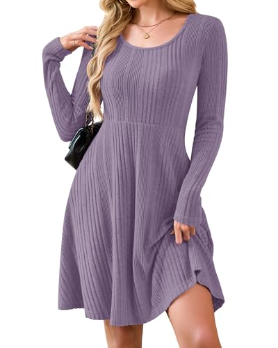 AUSELILY Langarm Strickkleid Damen Rundhalsausschnitt Pullover Kleid Gestrickt Herbstkleid Damen mit Taschen Hellviolett XL von AUSELILY