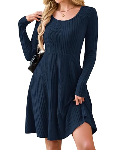 AUSELILY Langarm Strickkleid Damen Rundhalsausschnitt Pullover Kleid Gestrickt Herbstkleid Damen mit Taschen Marineblau L von AUSELILY