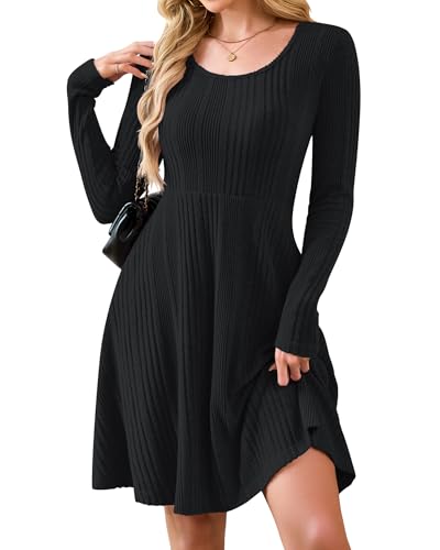AUSELILY Langarm Strickkleid Damen Rundhalsausschnitt Pullover Kleid Gestrickt Herbstkleid Damen mit Taschen Schwarz XXL von AUSELILY