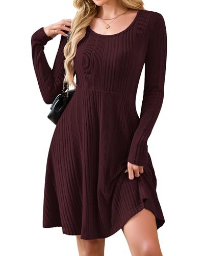 AUSELILY Langarm Strickkleid Damen Rundhalsausschnitt Pullover Kleid Gestrickt Herbstkleid Damen mit Taschen Weinrot XXL von AUSELILY