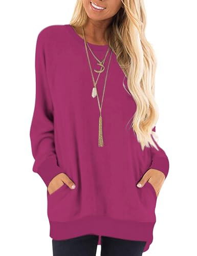 AUSELILY Langarmshirts für Damen Pullover Herbst Rundhals Sweatshirts Lässige Oberteile Damen mit Taschen Rose l von AUSELILY