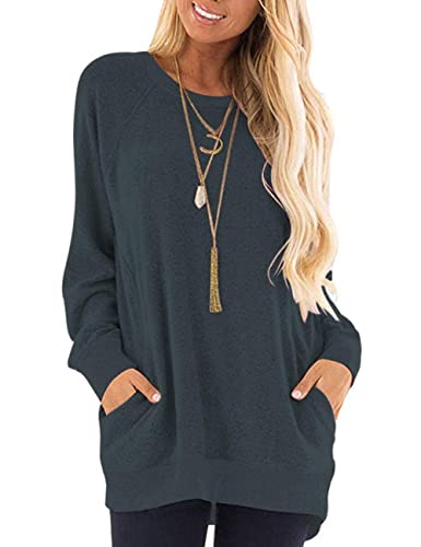 AUSELILY Langarmshirts für Damen Pullover Herbst Rundhals Sweatshirts Lässige Oberteile Damen mit Taschen XL Marineblau von AUSELILY