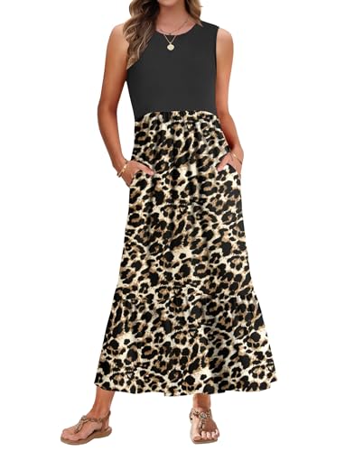 AUSELILY Leoparden Kleid Damen Sommer Lang Ärmelloses Maxikleid Damen Sommer Strandkleid Lange Rundhals Sommerkleid Leicht und Luftig mit Taschen Elastischer Taille Leopard Schwarz L von AUSELILY