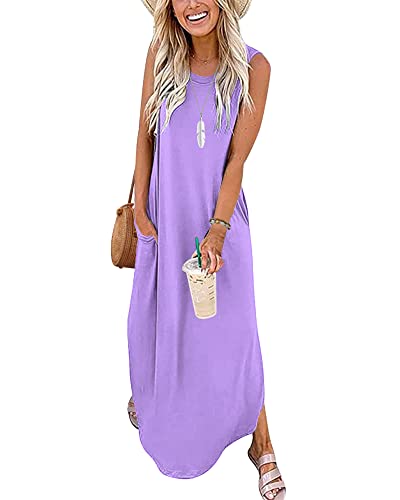 AUSELILY Lila Sommerkleid für Damen Maxi Strandkleider Lange Kleider mit Schlitz L von AUSELILY