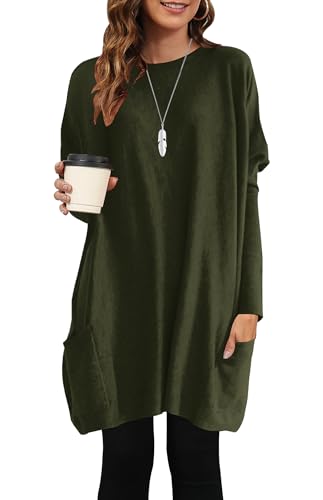 AUSELILY Longpullover für Damen Langarmshirt Lang Oversized Rundhalsausschnitt T-Shirts Sweashirt Tunika Damen Pulli Long-Shirt Kleid mit Taschen Armeegrün XXL von AUSELILY