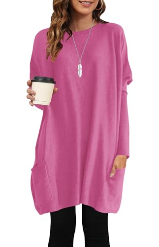 AUSELILY Longpullover für Damen Langarmshirt Lang Oversized Rundhalsausschnitt T-Shirts Sweashirt Tunika Damen Pulli Long-Shirt Kleid mit Taschen Blume Rosa XL von AUSELILY