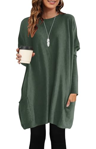 AUSELILY Longpullover für Damen Langarmshirt Lang Oversized Rundhalsausschnitt T-Shirts Sweashirt Tunika Damen Pulli Long-Shirt Kleid mit Taschen Dunkelgrün XXL von AUSELILY