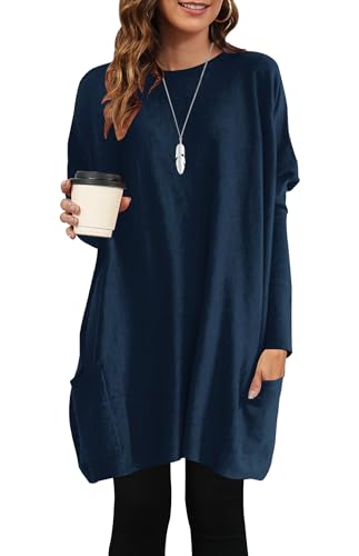 AUSELILY Longpullover für Damen Langarmshirt Lang Oversized Rundhalsausschnitt T-Shirts Sweashirt Tunika Damen Pulli Long-Shirt Kleid mit Taschen Marineblau M von AUSELILY
