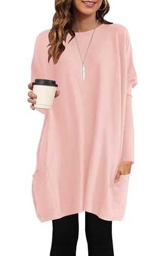 AUSELILY Longpullover für Damen Langarmshirt Lang Oversized Rundhalsausschnitt T-Shirts Sweashirt Tunika Damen Pulli Long-Shirt Kleid mit Taschen Rosa XL von AUSELILY