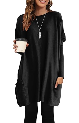 AUSELILY Longpullover für Damen Langarmshirt Lang Oversized Rundhalsausschnitt T-Shirts Sweashirt Tunika Damen Pulli Long-Shirt Kleid mit Taschen Schwarz XL von AUSELILY
