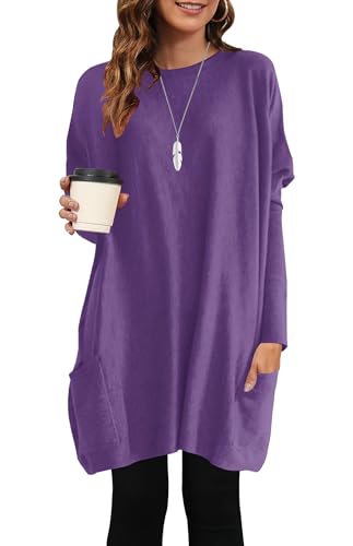 AUSELILY Longpullover für Damen Langarmshirt Lang Oversized Rundhalsausschnitt T-Shirts Sweashirt Tunika Damen Pulli Long-Shirt Kleid mit Taschen Violett L von AUSELILY