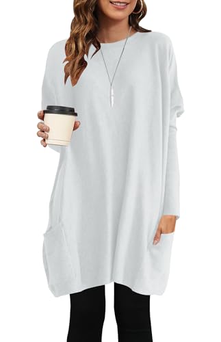 AUSELILY Longpullover für Damen Langarmshirt Lang Oversized Rundhalsausschnitt T-Shirts Sweashirt Tunika Damen Pulli Long-Shirt Kleid mit Taschen Weiß Grau M von AUSELILY