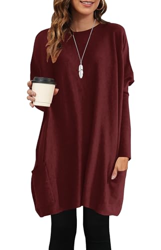 AUSELILY Longpullover für Damen Langarmshirt Lang Oversized Rundhalsausschnitt T-Shirts Sweashirt Tunika Damen Pulli Long-Shirt Kleid mit Taschen Ziegelrot XL von AUSELILY