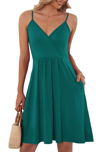 AUSELILY Luftiges Elegant V-Ausschnitt Sommerkleid Damen Sexy Ärmellos Träger Freizeitkleid Strandkleid mit Taschen S-XXL（Dunkelgrün,XL von AUSELILY