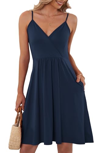 AUSELILY Luftiges Elegant V-Ausschnitt Sommerkleid Damen Sexy Ärmellos Träger Freizeitkleid Strandkleid mit Taschen S-XXL（Navy blau,XL von AUSELILY