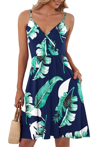 AUSELILY Luftiges Elegant V-Ausschnitt Sommerkleid Damen Sexy Ärmellos Träger Freizeitkleid Strandkleid mit Taschen S-XXL（Print Blau,XL von AUSELILY